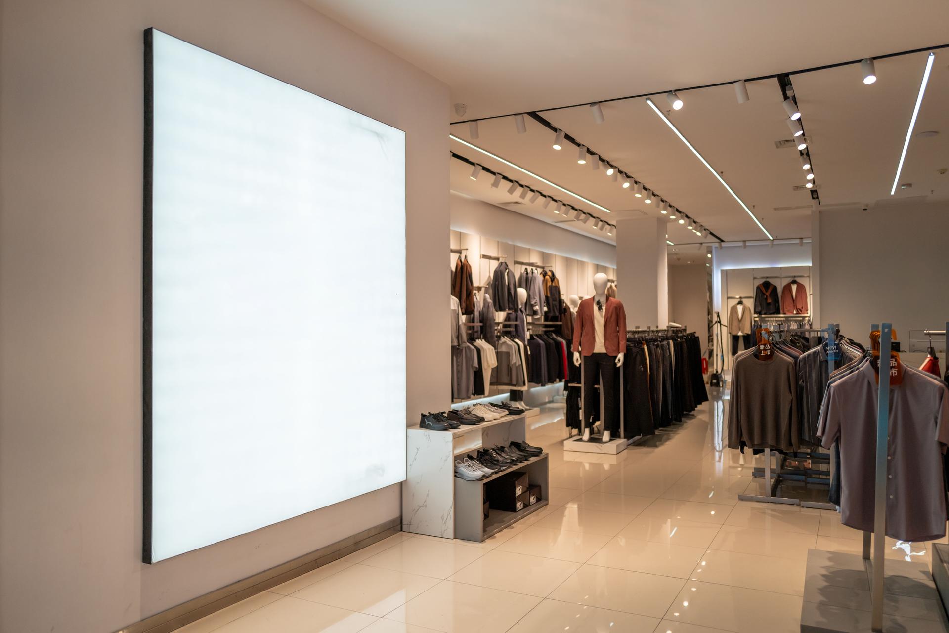 Modern retail store interior with clothing displays and illuminated screens on the wall