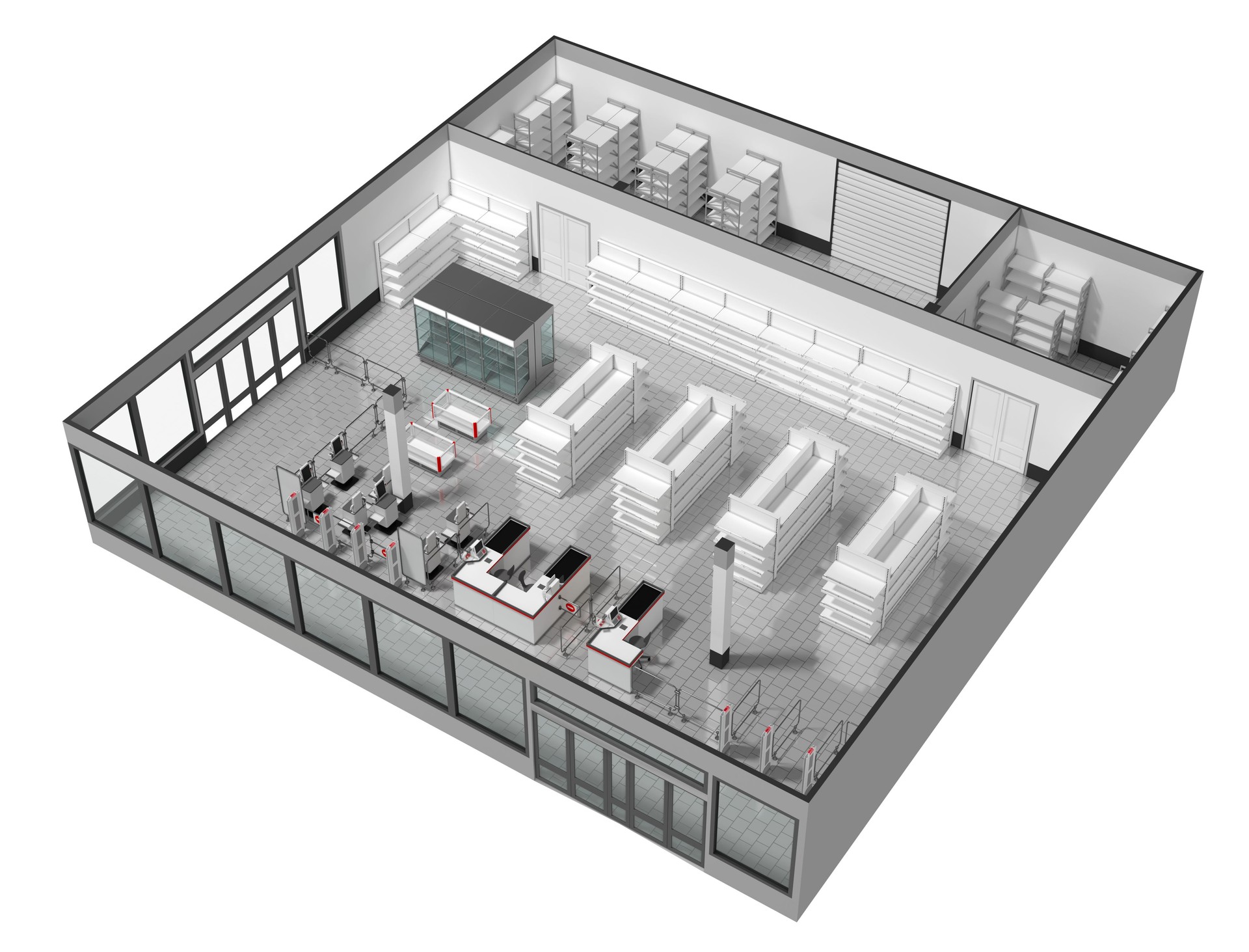 Store interior isometric composition, with racks and showcases, cash registers, refrigerators and self-service